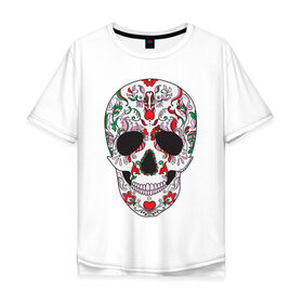 Мужская футболка хлопок Oversize с принтом Мексиканский череп в Екатеринбурге, 100% хлопок | свободный крой, круглый ворот, “спинка” длиннее передней части | color | day of the dead | dead | death | holiday | mexican skull | mexico | ornament | pattern | день мертвых | мексика | мексиканский череп | мертвецов | орнамент | праздник | узоры | цветы