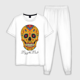 Мужская пижама хлопок с принтом Мексиканский череп в Екатеринбурге, 100% хлопок | брюки и футболка прямого кроя, без карманов, на брюках мягкая резинка на поясе и по низу штанин
 | color | day of the dead | dead | death | halloween | holiday | mexican skull | mexico | ornament | pattern | день мертвых | мексика | мексиканский череп | мертвецов | орнамент | праздник | узоры | хэллоуин | цветы