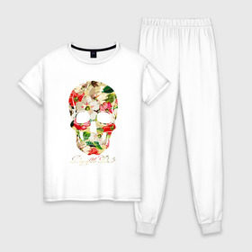 Женская пижама хлопок с принтом Мексиканский череп в Екатеринбурге, 100% хлопок | брюки и футболка прямого кроя, без карманов, на брюках мягкая резинка на поясе и по низу штанин | 