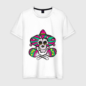 Мужская футболка хлопок с принтом Мексиканский череп в Екатеринбурге, 100% хлопок | прямой крой, круглый вырез горловины, длина до линии бедер, слегка спущенное плечо. | 