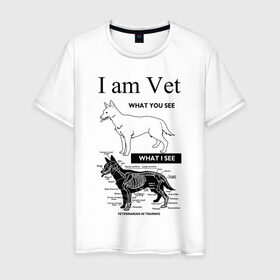 Мужская футболка хлопок с принтом I Am Vet в Екатеринбурге, 100% хлопок | прямой крой, круглый вырез горловины, длина до линии бедер, слегка спущенное плечо. | ветеринар | ветеринарный врач | кошки | скелет | собаки