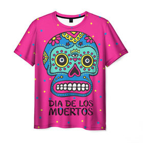 Мужская футболка 3D с принтом Мексиканский череп в Екатеринбурге, 100% полиэфир | прямой крой, круглый вырез горловины, длина до линии бедер | Тематика изображения на принте: день мертвыхб сахарный череп | мексика | традиция | узоры | цветы