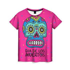 Женская футболка 3D с принтом Мексиканский череп в Екатеринбурге, 100% полиэфир ( синтетическое хлопкоподобное полотно) | прямой крой, круглый вырез горловины, длина до линии бедер | день мертвыхб сахарный череп | мексика | традиция | узоры | цветы