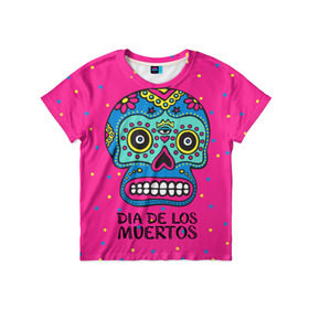 Детская футболка 3D с принтом Мексиканский череп в Екатеринбурге, 100% гипоаллергенный полиэфир | прямой крой, круглый вырез горловины, длина до линии бедер, чуть спущенное плечо, ткань немного тянется | Тематика изображения на принте: день мертвыхб сахарный череп | мексика | традиция | узоры | цветы