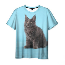 Мужская футболка 3D с принтом Кот мейн кун в Екатеринбурге, 100% полиэфир | прямой крой, круглый вырез горловины, длина до линии бедер | котенок | мейнкун