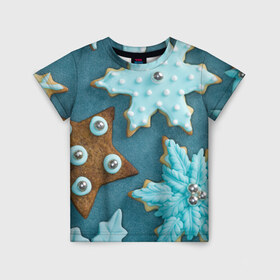 Детская футболка 3D с принтом Новогоднее печенье в Екатеринбурге, 100% гипоаллергенный полиэфир | прямой крой, круглый вырез горловины, длина до линии бедер, чуть спущенное плечо, ткань немного тянется | Тематика изображения на принте: зима | новый год | печенье | сладости | снег