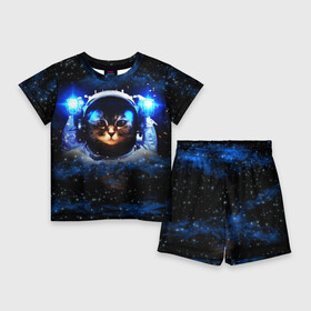 Детский костюм с шортами 3D с принтом Кот космонавт в Екатеринбурге,  |  | звёздное небо | космос | кот | кошка | прикольные картинки