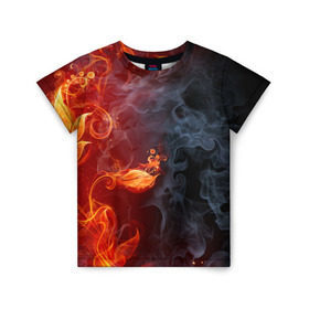 Детская футболка 3D с принтом Стихия огня в Екатеринбурге, 100% гипоаллергенный полиэфир | прямой крой, круглый вырез горловины, длина до линии бедер, чуть спущенное плечо, ткань немного тянется | Тематика изображения на принте: дым | пламя | страсть