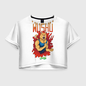 Женская футболка 3D укороченная с принтом WUSHU jungle в Екатеринбурге, 100% полиэстер | круглая горловина, длина футболки до линии талии, рукава с отворотами | арт | боевые искусства | животные | красный | пума | рисунки | синий | спорт | ушу | шрифт