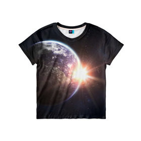 Детская футболка 3D с принтом Космический свет в Екатеринбурге, 100% гипоаллергенный полиэфир | прямой крой, круглый вырез горловины, длина до линии бедер, чуть спущенное плечо, ткань немного тянется | вселенная | галактика | земля | солнце