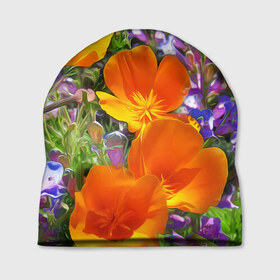 Шапка 3D с принтом Оранжевые цветы в Екатеринбурге, 100% полиэстер | универсальный размер, печать по всей поверхности изделия | лепестки | прикольные картинки | цветочки | цветы