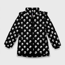 Зимняя куртка для девочек 3D с принтом Белые черепа на черном фоне в Екатеринбурге, ткань верха — 100% полиэстер; подклад — 100% полиэстер, утеплитель — 100% полиэстер. | длина ниже бедра, удлиненная спинка, воротник стойка и отстегивающийся капюшон. Есть боковые карманы с листочкой на кнопках, утяжки по низу изделия и внутренний карман на молнии. 

Предусмотрены светоотражающий принт на спинке, радужный светоотражающий элемент на пуллере молнии и на резинке для утяжки. | белый горох | белый горошек | маленькие черепа | череп | черный фон