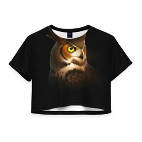 Женская футболка 3D укороченная с принтом Сова в Екатеринбурге, 100% полиэстер | круглая горловина, длина футболки до линии талии, рукава с отворотами | глаз | пернатые | прикольные картинки | птица | птичка