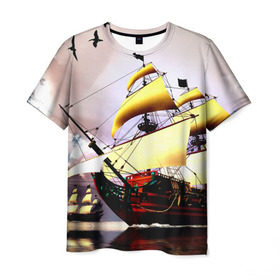 Мужская футболка 3D с принтом Фрегат в Екатеринбурге, 100% полиэфир | прямой крой, круглый вырез горловины, длина до линии бедер | Тематика изображения на принте: вмф | исторический | корабль | море | океан | парусник