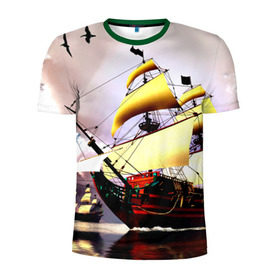Мужская футболка 3D спортивная с принтом Фрегат в Екатеринбурге, 100% полиэстер с улучшенными характеристиками | приталенный силуэт, круглая горловина, широкие плечи, сужается к линии бедра | Тематика изображения на принте: вмф | исторический | корабль | море | океан | парусник