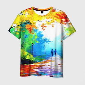 Мужская футболка 3D с принтом Прогулка в Екатеринбурге, 100% полиэфир | прямой крой, круглый вырез горловины, длина до линии бедер | желтая листва | живопись | зелень | картина | осень | природа | рисунок | солнце