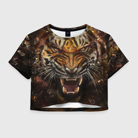 Женская футболка 3D укороченная с принтом Злобный Тигр в Екатеринбурге, 100% полиэстер | круглая горловина, длина футболки до линии талии, рукава с отворотами | 