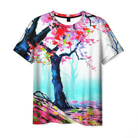 Мужская футболка 3D с принтом Сакура в Екатеринбурге, 100% полиэфир | прямой крой, круглый вырез горловины, длина до линии бедер | весна | живопись | сакура | япония
