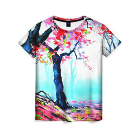 Женская футболка 3D с принтом Сакура в Екатеринбурге, 100% полиэфир ( синтетическое хлопкоподобное полотно) | прямой крой, круглый вырез горловины, длина до линии бедер | весна | живопись | сакура | япония