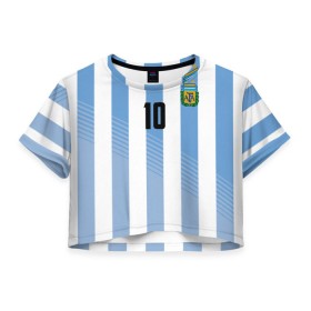 Женская футболка 3D укороченная с принтом Месси (сборная Аргентины) в Екатеринбурге, 100% полиэстер | круглая горловина, длина футболки до линии талии, рукава с отворотами | barcelona | lionel | messi | аргентина | барселона | кубок | лионель | мира | сборная | футбол