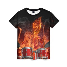 Женская футболка 3D с принтом Огненный скелет в Екатеринбурге, 100% полиэфир ( синтетическое хлопкоподобное полотно) | прямой крой, круглый вырез горловины, длина до линии бедер | арт | дум | иллюзия | краска | лучи | огонь | пламя | прикольные | свет | текстуры