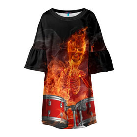 Детское платье 3D с принтом Огненный скелет в Екатеринбурге, 100% полиэстер | прямой силуэт, чуть расширенный к низу. Круглая горловина, на рукавах — воланы | Тематика изображения на принте: арт | дум | иллюзия | краска | лучи | огонь | пламя | прикольные | свет | текстуры