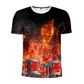 Мужская футболка 3D спортивная с принтом Огненный скелет в Екатеринбурге, 100% полиэстер с улучшенными характеристиками | приталенный силуэт, круглая горловина, широкие плечи, сужается к линии бедра | арт | дум | иллюзия | краска | лучи | огонь | пламя | прикольные | свет | текстуры