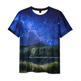 Мужская футболка 3D с принтом Звездная ночь в Екатеринбурге, 100% полиэфир | прямой крой, круглый вырез горловины, длина до линии бедер | галактика | горы | звезды | космос | лес | ночь | озеро | сосны | тайга