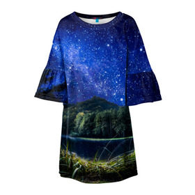 Детское платье 3D с принтом Звездная ночь в Екатеринбурге, 100% полиэстер | прямой силуэт, чуть расширенный к низу. Круглая горловина, на рукавах — воланы | Тематика изображения на принте: галактика | горы | звезды | космос | лес | ночь | озеро | сосны | тайга