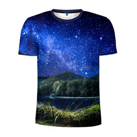 Мужская футболка 3D спортивная с принтом Звездная ночь в Екатеринбурге, 100% полиэстер с улучшенными характеристиками | приталенный силуэт, круглая горловина, широкие плечи, сужается к линии бедра | Тематика изображения на принте: галактика | горы | звезды | космос | лес | ночь | озеро | сосны | тайга