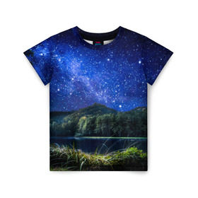Детская футболка 3D с принтом Звездная ночь в Екатеринбурге, 100% гипоаллергенный полиэфир | прямой крой, круглый вырез горловины, длина до линии бедер, чуть спущенное плечо, ткань немного тянется | Тематика изображения на принте: галактика | горы | звезды | космос | лес | ночь | озеро | сосны | тайга