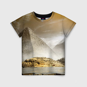 Детская футболка 3D с принтом Egypt в Екатеринбурге, 100% гипоаллергенный полиэфир | прямой крой, круглый вырез горловины, длина до линии бедер, чуть спущенное плечо, ткань немного тянется | egypt | египет | закат | золото | клеопатра | мумия | песок | пирамиды | пустыня | солнце