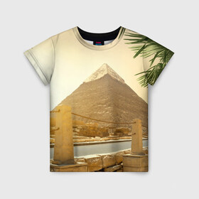 Детская футболка 3D с принтом Egypt в Екатеринбурге, 100% гипоаллергенный полиэфир | прямой крой, круглый вырез горловины, длина до линии бедер, чуть спущенное плечо, ткань немного тянется | Тематика изображения на принте: egypt | египет | закат | золото | клеопатра | мумия | песок | пирамиды | пустыня | солнце