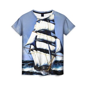Женская футболка 3D с принтом Парусник в Екатеринбурге, 100% полиэфир ( синтетическое хлопкоподобное полотно) | прямой крой, круглый вырез горловины, длина до линии бедер | blue | волны | корабль | море | океан