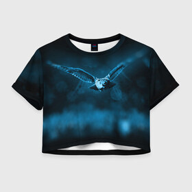 Женская футболка 3D укороченная с принтом сова в Екатеринбурге, 100% полиэстер | круглая горловина, длина футболки до линии талии, рукава с отворотами | dark | клюв | лес | ночь | перья | птица | сова | темнота | филин