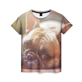 Женская футболка 3D с принтом французский бульдог в Екатеринбурге, 100% полиэфир ( синтетическое хлопкоподобное полотно) | прямой крой, круглый вырез горловины, длина до линии бедер | dog | бульдог | друг | собака | язык