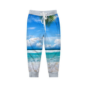 Детские брюки 3D с принтом Карибский пляж в Екатеринбурге, 100% полиэстер | манжеты по низу, эластичный пояс регулируется шнурком, по бокам два кармана без застежек, внутренняя часть кармана из мелкой сетки | волны | лето | море | океан | отдых | пальма | пляж | солнце
