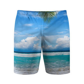 Мужские шорты 3D спортивные с принтом Карибский пляж в Екатеринбурге,  |  | Тематика изображения на принте: волны | лето | море | океан | отдых | пальма | пляж | солнце
