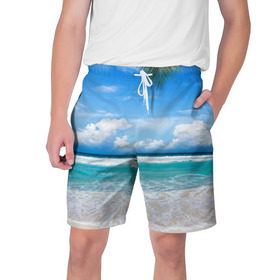 Мужские шорты 3D с принтом Карибский пляж в Екатеринбурге,  полиэстер 100% | прямой крой, два кармана без застежек по бокам. Мягкая трикотажная резинка на поясе, внутри которой широкие завязки. Длина чуть выше колен | волны | лето | море | океан | отдых | пальма | пляж | солнце