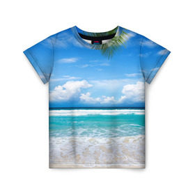 Детская футболка 3D с принтом Карибский пляж в Екатеринбурге, 100% гипоаллергенный полиэфир | прямой крой, круглый вырез горловины, длина до линии бедер, чуть спущенное плечо, ткань немного тянется | волны | лето | море | океан | отдых | пальма | пляж | солнце