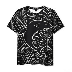Мужская футболка 3D с принтом Акула в в морской пучине в Екатеринбурге, 100% полиэфир | прямой крой, круглый вырез горловины, длина до линии бедер | волна | линия | черный