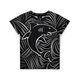 Детская футболка 3D с принтом Акула в в морской пучине в Екатеринбурге, 100% гипоаллергенный полиэфир | прямой крой, круглый вырез горловины, длина до линии бедер, чуть спущенное плечо, ткань немного тянется | волна | линия | черный