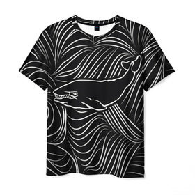 Мужская футболка 3D с принтом Кит в морской пучине в Екатеринбурге, 100% полиэфир | прямой крой, круглый вырез горловины, длина до линии бедер | арт | белый | волна | волны | кит | классно | круто | линия | море | рисунок | черный | черта
