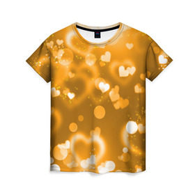 Женская футболка 3D с принтом Золотые сердца в Екатеринбурге, 100% полиэфир ( синтетическое хлопкоподобное полотно) | прямой крой, круглый вырез горловины, длина до линии бедер | heart | любовь | орнамент | сердце | узор