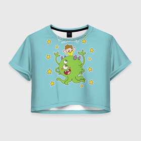 Женская футболка 3D укороченная с принтом Детское воображение в Екатеринбурге, 100% полиэстер | круглая горловина, длина футболки до линии талии, рукава с отворотами | Тематика изображения на принте: дети | инопланетянин | ребёнок