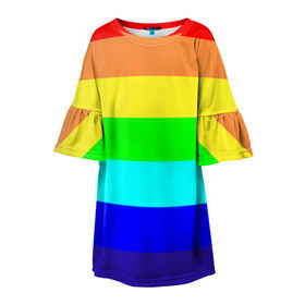 Детское платье 3D с принтом Радуга в Екатеринбурге, 100% полиэстер | прямой силуэт, чуть расширенный к низу. Круглая горловина, на рукавах — воланы | жёлтый | зелёный | красный | оранжевый | полосы | радуга | синий | фиолетовый