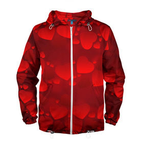 Мужская ветровка 3D с принтом Красные сердца в Екатеринбурге, 100% полиэстер | подол и капюшон оформлены резинкой с фиксаторами, два кармана без застежек по бокам, один потайной карман на груди | heart | red | любовь | орнамент | сердце | узор