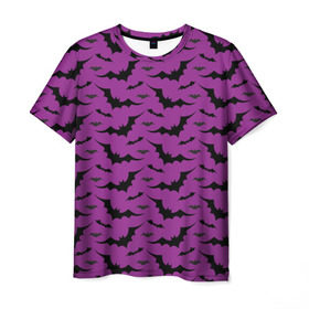 Мужская футболка 3D с принтом Стая летучих мышей в Екатеринбурге, 100% полиэфир | прямой крой, круглый вырез горловины, длина до линии бедер | Тематика изображения на принте: bat | классно | круто | летучая | мышь | стильно | текстура | фиолетовый | фон | черный