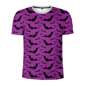 Мужская футболка 3D спортивная с принтом Стая летучих мышей в Екатеринбурге, 100% полиэстер с улучшенными характеристиками | приталенный силуэт, круглая горловина, широкие плечи, сужается к линии бедра | Тематика изображения на принте: bat | классно | круто | летучая | мышь | стильно | текстура | фиолетовый | фон | черный