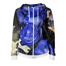 Женская толстовка 3D на молнии с принтом Синие розы в Екатеринбурге, 100% полиэстер | длина до линии бедра, манжеты и пояс оформлены мягкой тканевой резинкой, двухслойный капюшон со шнурком для регулировки, спереди молния, по бокам два кармана | девушкам | розы | синие | цветы